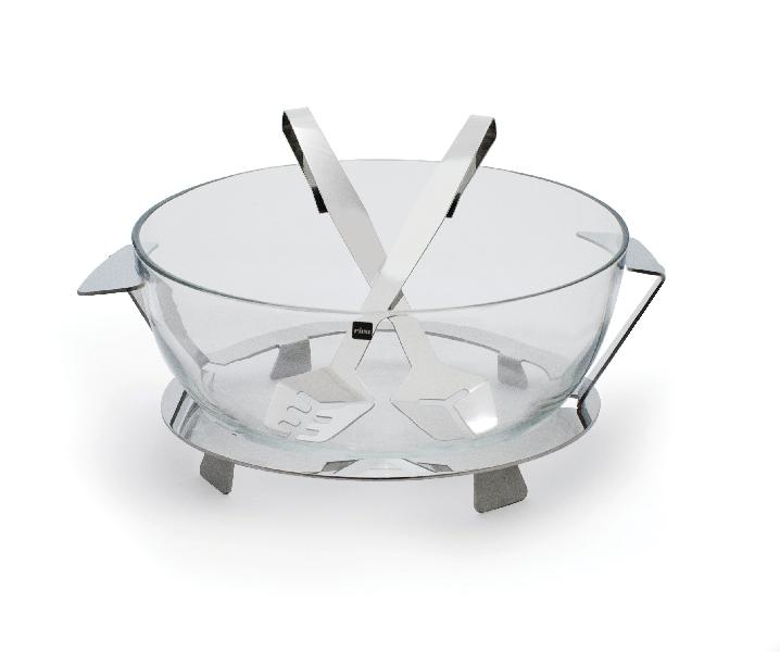 Full Moon 30cm stainless steel salad bowl w/support and servers -  Saladier Ritratto + couverts