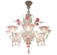 8 branches chandelier in Murano glass - Lustre 8 gl + anneaux cristal et rose